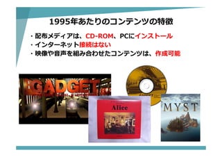 1995年あたりのコンテンツの特徴
・配布メディアは、CD-ROM、PCにインストール
・インターネット接続はない
・映像や⾳声を組み合わせたコンテンツは、作成可能
 