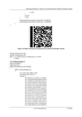Analyzing Employee’s Heart rate using Nonlinear Cellular Automata model
www.iosrjournals.org 29 | Page
r=r+20;
}
c=c+10;
r=100;
}
g.drawString("Total number of black box="+tb,600,50);
g.drawString("Total number of white box="+tw,600,80);
}
}
Figure: 8 Cellular automata for prehypertension1 patients and healthy controls
Number of white boxes=491
Number of black boxes=509
Ratio = no. of white boxes/no. of black boxes = 491/509
= 0.9646
4.4 Prehypertension-2:
import java.applet.*;
import java.awt.*;
public class prehyper2 extends Applet
{
public void paint(Graphics g)
{
int r=100,c=20,r1=800,c1=100;
int tb=0,tw=0,tb1=0,tw1=0;
int a[][]={
{0,1,1,0,0,1,1,1,1,1,1,0,1,1,1,1,1,0,0,1},
{0,1,1,0,0,0,0,0,0,0,0,0,0,0,0,0,0,0,0,0},
{0,1,1,0,0,0,0,1,1,0,0,0,1,0,0,1,0,0,1,1},
{0,1,1,0,0,1,0,0,0,0,0,1,1,0,0,0,1,0,0,1},
{0,1,1,0,0,1,1,1,0,1,1,0,1,1,0,0,1,0,0,0},
{0,1,1,0,1,0,1,0,1,1,0,0,0,0,0,0,1,0,0,0},
{0,1,1,0,0,0,1,1,0,1,0,1,0,0,1,1,1,1,1,1},
{0,1,1,0,0,1,0,0,0,1,0,1,1,0,1,0,0,0,0,1},
{0,1,1,0,1,0,0,1,1,1,1,1,0,1,1,1,1,1,0,0},
{0,1,1,0,1,1,1,0,0,1,0,1,0,1,1,0,0,0,0,0},
{0,1,1,0,1,1,0,1,1,1,0,1,0,0,1,0,1,1,1,1},
{0,1,1,0,0,1,1,1,1,1,1,0,1,1,1,1,1,0,0,1},
{0,1,1,0,0,1,1,0,1,1,1,0,1,0,0,1,0,1,1,1},
{0,1,1,0,1,1,0,0,1,1,0,0,1,1,0,0,1,1,0,0},
{0,1,1,0,1,1,1,1,1,0,0,1,1,1,0,1,1,0,1,1},
{0,1,1,0,1,1,1,1,1,0,0,1,1,1,0,1,1,0,1,1},
{0,1,1,0,0,1,0,0,1,1,0,1,1,1,0,1,0,0,1,0},
{0,1,1,0,0,1,0,0,0,1,0,1,1,0,1,0,0,0,0,1},
 