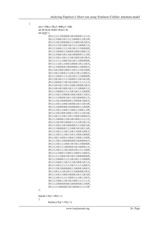 Analyzing Employee’s Heart rate using Nonlinear Cellular Automata model
www.iosrjournals.org 26 | Page
{
int r=100,c=20,r1=800,c1=100;
int tb=0,tw=0,tb1=0,tw1=0;
int a[][]={
{0,1,1,1,1,1,0,0,0,0,1,0,1,0,0,0,1,1,1,1},
{0,1,1,1,0,0,1,0,1,1,1,1,0,0,0,1,1,0,1,0},
{0,1,1,1,0,1,0,0,0,0,1,1,1,0,0,1,0,1,0,1},
{0,1,1,1,1,0,1,0,0,1,0,1,1,1,1,0,0,0,1,1},
{0,1,1,1,0,0,1,1,1,1,0,1,0,1,1,1,0,0,0,0},
{0,1,1,1,0,0,0,1,1,0,0,0,1,0,0,1,0,0,1,1},
{0,1,1,1,0,0,1,0,1,1,0,1,0,0,0,0,1,1,1,0},
{0,1,1,1,0,1,1,0,1,1,1,0,1,0,0,1,0,1,0,1},
{0,1,1,1,1,1,1,0,0,1,0,1,0,1,1,0,0,0,0,0},
{0,1,1,1,1,0,1,1,0,0,1,0,0,0,1,0,1,1,0,1},
{0,1,1,1,0,0,0,0,1,0,0,0,0,0,1,1,0,0,0,1},
{0,1,1,0,1,0,0,1,0,0,1,1,0,1,1,1,0,1,0,0},
{0,1,1,0,1,1,0,0,1,1,1,0,1,1,0,1,1,0,0,1},
{0,1,1,1,0,0,1,1,1,1,0,1,0,1,1,1,0,0,0,0},
{0,1,1,0,1,0,1,1,1,1,0,0,0,1,1,0,1,0,1,0},
{0,1,1,0,0,0,1,1,0,1,0,1,0,0,1,1,1,1,1,1},
{0,1,1,0,1,0,1,1,0,1,1,0,0,1,0,0,0,1,0,1},
{0,1,1,0,1,0,1,0,0,1,0,1,1,1,1,0,0,0,1,1},
{0,1,1,1,0,0,0,1,1,1,1,0,1,0,1,1,1,0,0,0},
{0,1,1,1,0,1,1,0,0,0,1,0,0,1,0,0,1,1,0,1},
{0,1,1,1,1,0,0,0,1,0,1,1,0,1,0,0,0,0,1,1},
{0,1,1,1,0,1,0,0,0,0,0,1,1,0,0,0,1,0,0,1},
{0,1,1,1,0,1,1,0,0,1,0,0,0,1,0,1,1,0,1,0},
{0,1,1,1,0,0,0,0,0,1,0,0,0,0,0,1,1,0,0,0},
{0,1,1,1,0,1,1,0,0,1,1,0,0,1,1,0,0,1,1,0},
{0,1,1,1,0,1,0,0,1,0,0,1,1,0,1,1,1,0,1,0},
{0,1,1,0,1,1,1,0,1,1,0,1,1,0,0,1,0,0,0,1},
{0,1,1,1,0,0,0,1,1,0,1,0,1,0,0,1,1,1,1,1},
{0,1,1,1,0,1,0,1,0,0,0,1,1,1,1,0,1,0,1,1},
{0,1,1,1,0,1,1,0,1,0,0,0,0,1,1,1,0,0,1,0},
{0,1,1,1,0,0,0,0,1,1,1,0,0,1,0,1,0,1,1,0},
{0,1,1,1,0,1,1,1,0,1,1,0,1,1,0,0,1,0,0,1},
{0,1,1,1,0,1,1,1,0,1,1,0,1,1,0,0,1,0,0,0},
{0,1,1,0,1,1,0,0,1,1,0,0,1,1,0,0,1,1,0,0},
{0,1,1,1,0,1,1,0,0,0,0,0,0,1,0,0,0,0,0,1},
{0,1,1,1,0,1,1,1,0,0,1,0,1,0,1,1,0,0,0,0},
{0,1,1,1,0,1,1,1,0,0,0,0,1,0,1,0,0,0,1,1},
{0,1,1,1,0,1,1,1,0,1,0,0,1,0,1,1,1,1,0,0},
{0,1,1,1,1,0,0,1,1,0,0,1,1,0,0,1,1,0,0,1},
{0,1,1,1,1,1,0,0,1,0,1,0,1,1,0,0,0,0,0,0},
{0,1,1,1,0,0,0,1,1,1,1,0,1,0,1,1,1,0,0,0},
{0,1,1,1,0,0,1,1,0,1,1,1,0,1,0,0,1,0,1,1},
{0,1,1,1,0,1,1,1,1,1,1,0,1,1,1,1,1,0,0,1},
{0,1,1,1,0,1,0,0,0,0,0,1,1,0,0,0,1,0,0,1},
{0,1,1,0,1,1,1,0,1,0,1,1,1,0,0,0,0,1,0,1},
{0,1,1,1,0,1,1,0,0,1,0,0,0,1,0,1,1,0,1,0},
{0,1,1,1,0,1,1,1,1,1,0,0,1,1,1,0,1,1,0,1},
{0,1,1,1,0,0,1,1,0,1,0,1,0,0,1,1,1,1,1,1},
{0,1,1,1,0,0,0,0,0,0,1,0,0,0,0,0,1,1,0,0},
{0,1,1,1,1,0,0,0,0,1,0,1,0,0,0,1,1,1,1,0}
};
for(int i=0;i<=49;i++)
{
for(int j=0;j<=19;j++)
 