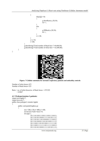 Analyzing Employee’s Heart rate using Nonlinear Cellular Automata model
www.iosrjournals.org 27 | Page
{
if(a[i][j]==0)
{
g.drawRect(r,c,20,10);
tw++;
}
else
{
g.fillRect(r,c,20,10);
tb++;
}
r=r+20;
}
c=c+10;
r=100;
}
g.drawString("Total number of black box="+tb,600,50);
g.drawString("Total number of white box="+tw,600,80);
}
}
Figure: 7 Cellular automata for normal2 respiratory patients and unhealthy controls
Number of white boxes=475
Number of black boxes=525
Ratio = no. of white boxes/no. of black boxes = 475/525
= 0.9047
4.3 Prehypertension-1 patients:
import java.applet.*;
import java.awt.*;
public class prehyper1 extends Applet
{
public void paint(Graphics g)
{
int r=100,c=20,r1=800,c1=100;
int tb=0,tw=0,tb1=0,tw1=0;
int a[][]={
{0,1,1,0,1,0,0,1,1,0,0,1,1,0,0,1,1,0,0,1},
{0,1,1,0,1,0,1,0,0,0,1,1,1,1,0,1,0,1,1,1},
{0,1,1,0,1,0,1,1,0,1,0,0,0,0,1,1,1,0,0,1},
{0,1,1,0,1,0,0,0,1,1,0,1,0,1,0,0,1,1,1,1},
{0,1,1,0,0,1,1,0,1,0,1,0,0,1,1,1,1,1,1,0},
{0,1,1,0,0,1,1,1,1,1,1,0,1,1,1,1,1,0,0,1},
{0,1,1,0,1,0,1,0,0,0,1,1,1,1,0,1,0,1,1,1},
 