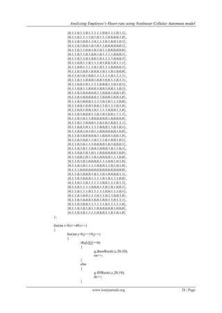 Analyzing Employee’s Heart rate using Nonlinear Cellular Automata model
www.iosrjournals.org 28 | Page
{0,1,1,0,1,1,0,1,1,1,1,1,0,0,1,1,1,0,1,1},
{0,1,1,0,1,1,1,1,0,1,0,1,1,1,0,0,0,0,1,0},
{0,1,1,0,1,0,0,1,1,0,1,1,1,0,1,0,0,1,0,1},
{0,1,1,0,1,0,0,1,0,1,0,1,1,0,0,0,0,0,0,1},
{0,1,1,0,1,1,0,0,1,0,1,0,1,1,0,0,0,0,0,0},
{0,1,1,0,1,1,0,1,0,0,1,0,1,1,1,1,0,0,0,1},
{0,1,1,0,1,1,0,1,0,0,1,0,1,1,1,1,0,0,0,1},
{0,1,1,0,0,1,1,0,1,1,1,0,1,0,0,1,0,1,1,1},
{0,1,1,0,0,1,1,1,1,0,1,0,1,1,1,0,0,0,0,1},
{0,1,1,0,1,0,0,1,0,0,0,1,0,1,1,0,1,0,0,0},
{0,1,1,0,1,0,1,0,0,1,1,1,1,1,1,0,1,1,1,1},
{0,1,1,0,1,1,0,0,0,1,0,0,1,0,0,1,1,0,1,1},
{0,1,1,0,0,1,0,1,1,1,1,0,0,0,1,1,0,1,0,1},
{0,1,1,0,0,1,1,0,0,0,1,0,0,1,0,0,1,1,0,1},
{0,1,1,0,1,0,0,0,0,0,1,1,0,0,0,1,0,0,1,0},
{0,1,1,0,1,0,0,0,0,0,1,1,0,0,0,1,0,0,1,0},
{0,1,1,0,1,0,0,0,1,1,1,1,0,1,0,1,1,1,0,0},
{0,1,1,0,0,1,0,0,1,0,0,1,1,0,1,1,1,0,1,0},
{0,1,1,0,0,1,0,0,1,0,1,1,1,1,0,0,0,1,1,0},
{0,1,1,0,1,0,0,0,1,1,0,1,0,1,0,0,1,1,1,1},
{0,1,1,0,1,0,1,1,0,0,0,0,0,0,1,0,0,0,0,0},
{0,1,1,0,1,1,0,0,0,1,1,0,1,0,1,0,0,1,1,1},
{0,1,1,0,0,1,0,1,1,1,1,0,0,0,1,1,0,1,0,1},
{0,1,1,0,0,1,0,1,0,1,1,0,0,0,0,0,0,1,0,0},
{0,1,1,0,1,0,0,0,0,0,1,1,0,0,0,1,0,0,1,0},
{0,1,1,0,1,0,0,1,1,0,1,1,1,0,1,0,0,1,0,1},
{0,1,1,0,1,0,1,1,1,0,0,0,0,1,0,1,0,0,0,1},
{0,1,1,0,1,0,1,1,0,0,1,0,0,0,1,0,1,1,0,1},
{0,1,1,0,0,1,0,1,0,1,1,0,0,0,0,0,0,1,0,0},
{0,1,1,0,0,1,0,1,1,0,1,0,0,0,0,1,1,1,0,0},
{0,1,1,0,1,0,1,0,0,0,0,1,1,1,0,0,1,0,1,0},
{0,1,1,0,1,0,1,1,1,1,0,0,0,1,1,0,1,0,1,0},
{0,1,1,1,0,0,0,0,0,0,0,0,0,0,0,0,0,0,0,0},
{0,1,1,0,1,0,0,0,1,0,1,1,0,1,0,0,0,0,1,1},
{0,1,1,0,1,0,0,0,1,1,1,1,0,1,0,1,1,1,0,0},
{0,1,1,0,1,1,0,1,1,1,1,1,0,0,1,1,1,0,1,1},
{0,1,1,0,1,1,1,1,0,0,0,1,1,0,1,0,1,0,0,1},
{0,1,1,0,1,1,1,0,1,1,1,1,1,0,0,1,1,1,0,1},
{0,1,1,0,1,0,0,1,1,1,0,1,1,0,1,1,0,0,1,0},
{0,1,1,0,1,0,0,0,1,0,0,1,0,0,1,1,0,1,1,1},
{0,1,1,0,1,0,0,1,1,1,1,1,1,0,1,1,1,1,1,0},
{0,1,1,0,1,0,1,0,1,1,0,0,0,0,0,0,1,0,0,0},
{0,1,1,0,1,0,1,1,1,1,0,0,0,1,1,0,1,0,1,0}
};
for(int i=0;i<=49;i++)
{
for(int j=0;j<=19;j++)
{
if(a[i][j]==0)
{
g.drawRect(r,c,20,10);
tw++;
}
else
{
g.fillRect(r,c,20,10);
tb++;
}
 