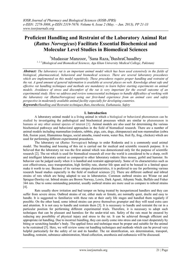 Laboratory Rat Handling and Restraint Facilitates Biomedical Studies PDF