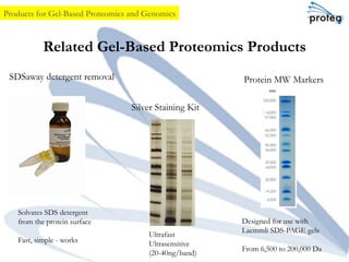 Related Gel-Based Proteomics Products
SDSaway detergent removal 
Silver Staining Kit
Protein MW Markers
Solvates SDS detergent
from the protein surface
Fast, simple - works
Ultrafast
Ultrasensitive
(20-40ng/band)
Designed for use with
Laemmli SDS-PAGE gels
From 6,500 to 200,000 Da
Products for Gel-Based Proteomics and Genomics
 