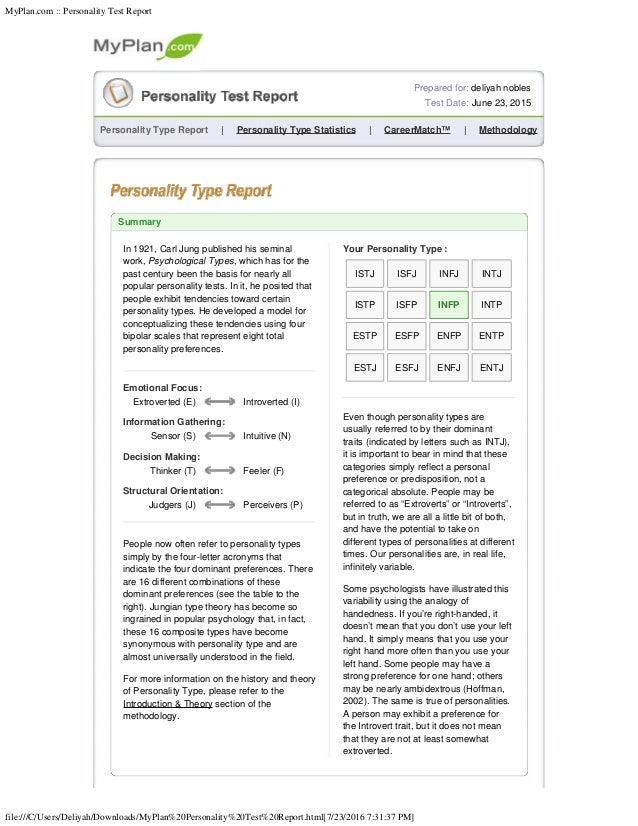 MyPlan Personality Test Report