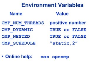 Environment Variables
Name Value
OMP_NUM_THREADS positive number
OMP_DYNAMIC TRUE or FALSE
OMP_NESTED TRUE or FALSE
OMP_SCHEDULE “static,2”
• Online help: man openmp
 