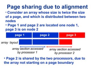 Page sharing due to alignment
array section accessed
by processor 2
array section accessed
by processor 1
• page 1
page 1 page 2 page 3
• Consider an array whose size is twice the size
of a page, and which is distributed between two
nodes
• Page 1 and page 2 are located one node 1,
page 3 is on node 2
• Page 2 is shared by the two processors, due to
the array not starting on a page boundary
array layout
 