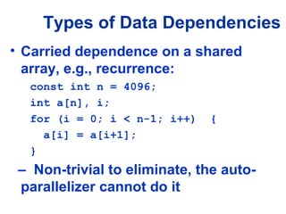 Types of Data Dependencies
• Carried dependence on a shared
array, e.g., recurrence:
const int n = 4096;
int a[n], i;
for (i = 0; i < n-1; i++) {
a[i] = a[i+1];
}
– Non-trivial to eliminate, the auto-
parallelizer cannot do it
 