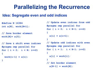 Parallelizing the Recurrence
#define N 16384
int a[N], work[N+1];
// Save border element
work[N]= a[0];
// Save & shift even indices
#pragma omp parallel for
for ( i = 2; i < N; i+=2)
{
work[i-1] = a[i];
}
// Update even indices from odd
#pragma omp parallel for
for ( i = 0; i < N-1; i+=2)
{
a[i] = a[i+1];
}
// Update odd indices with even
#pragma omp parallel for
for ( i = 1; i < N-1; i+=2)
{
a[i] = work[i];
}
// Set border element
a[N-1] = work[N];
Idea: Segregate even and odd indices
 