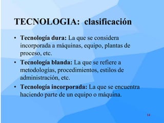 TECNOLOGIA: clasificación
• Tecnología dura: La que se considera
  incorporada a máquinas, equipo, plantas de
  proceso, etc.
• Tecnología blanda: La que se refiere a
  metodologías, procedimientos, estilos de
  administración, etc.
• Tecnología incorporada: La que se encuentra
  haciendo parte de un equipo o máquina.


                                                14
 