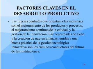 FACTORES CLAVES EN EL
   DESARROLLO PRODUCTIVO
• Las fuerzas centrales que orientan a las industrias
  son el mejoramiento de los productos y procesos,
  el mejoramiento continuo de la calidad, y la
  gestión de la innovación. Las necesidades de éxito
  y la creación de nuevas alianzas, unidas a una
  buena práctica de la gestión tecnológica
  innovativa son los caminos conductores del futuro
  de las instituciones.


                                                    25
 