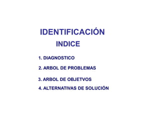 IDENTIFICACIÓN
      INDICE
1. DIAGNOSTICO

2. ARBOL DE PROBLEMAS

3. ARBOL DE OBJETVOS
4. ALTERNATIVAS DE SOLUCIÓN
 