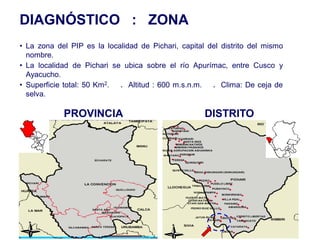 DIAGNÓSTICO : ZONA
• La zona del PIP es la localidad de Pichari, capital del distrito del mismo
  nombre.
• La localidad de Pichari se ubica sobre el río Apurímac, entre Cusco y
  Ayacucho.
• Superficie total: 50 Km2. . Altitud : 600 m.s.n.m. . Clima: De ceja de
  selva.

            PROVINCIA                                DISTRITO




                                                                               20
 