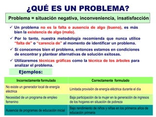 ¿QUÉ ES UN PROBLEMA?
 Problema = situación negativa, inconveniencia, insatisfacción
   Un problema no es la falta o ausencia de algo (bueno), es más
    bien la existencia de algo (malo).
   Por lo tanto, nuestra metodología recomienda que nunca utilice
    “falta de” o “carencia de” al momento de identificar un problema.
   Si conocemos bien el problema, entonces estamos en condiciones
    de encontrar y plantear alternativas de solución exitosas.
   Utilizaremos técnicas gráficas como la técnica de los árboles para
    analizar el problema.
         Ejemplos:
       Incorrectamente formulado                             Correctamente formulado
No existe un generador local de energía
                                             Limitada provisión de energía eléctrica durante el día
eléctrica
Necesidad de un programa de empleo           Baja participación de la mujer en la generación de ingresos
femenino                                     de los hogares en situación de pobreza
                                             Bajo rendimiento de niños y niñas en los primeros años de
Ausencia de programas de educación inicial
                                             educación primaria
 