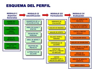 ESQUEMA DEL PERFIL

 MODULO I         MODULO II           MODULO III             MODULO IV
 Aspectos        Identificación       Formulación            Evaluación
 Generales
                                                           FLUJO DE INGRESOS DEL
 NOMBRE DEL      DIAGNÓSTICO DE LA      HORIZONTE DE             PROYECTO
  PROYECTO       SITUACIÓN ACTUAL        EVALUACIÓN
                                                           EVALUACIÓN ECONÓMICA
                 ARBOL DE CAUSAS Y                          A PRECIOS DE MERCADO
    UNIDAD                           ANÁLISIS DE DEMANDA
FORMULADORA Y        EFECTOS
    UNIDAD                                                    COSTOS A PRECIOS
  EJECUTORA                          ANÁLISIS DE OFERTA
                   DEFINICIÓN DEL                                 SOCIALES
                     PROBLEMA
                                      BALANCE OFERTA -
  MARCO DE                                                   EVALUACIÓN SOCIAL
                                          DEMANDA
 REFERENCIA      ARBOL DE MEDIOS Y
                       FINES
                                       CRONOGRAMA DE       ANÁLISIS DE SENSIBILIDAD
 PARTICIPACIÓN                            ACCIONES
    DE LOS         OBJETIVOS DEL
 BENEFICIARIOS       PROYECTO                              SELECCIÓN DE LA MEJOR
                                         COSTOS DEL             ALTERNATIVA
                                     PROYECTO A PRECIOS
                  ALTERNATIVAS DE       DE MERCADO
                     SOLUCIÓN                                    ANÁLISIS DE
                                                               SOSTENIBILIDAD
                                           COSTOS
                                      INCREMENTALES A       ANÁLISIS DE IMPACTO
                                     PRECIOS DE MERCADO         AMBIENTAL


                                                               MARCO LÓGICO
 