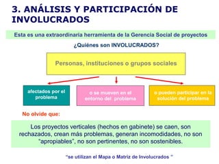 3. ANÁLISIS Y PARTICIPACIÓN DE
INVOLUCRADOS
Esta es una extraordinaria herramienta de la Gerencia Social de proyectos
                           ¿Quiénes son INVOLUCRADOS?


                Personas, instituciones o grupos sociales



     afectados por el             o se mueven en el           o pueden participar en la
        problema                entorno del problema           solución del problema


   No olvide que:

     Los proyectos verticales (hechos en gabinete) se caen, son
 rechazados, crean más problemas, generan incomodidades, no son
       “apropiables”, no son pertinentes, no son sostenibles.

                        “se utilizan el Mapa o Matriz de Involucrados ”
 