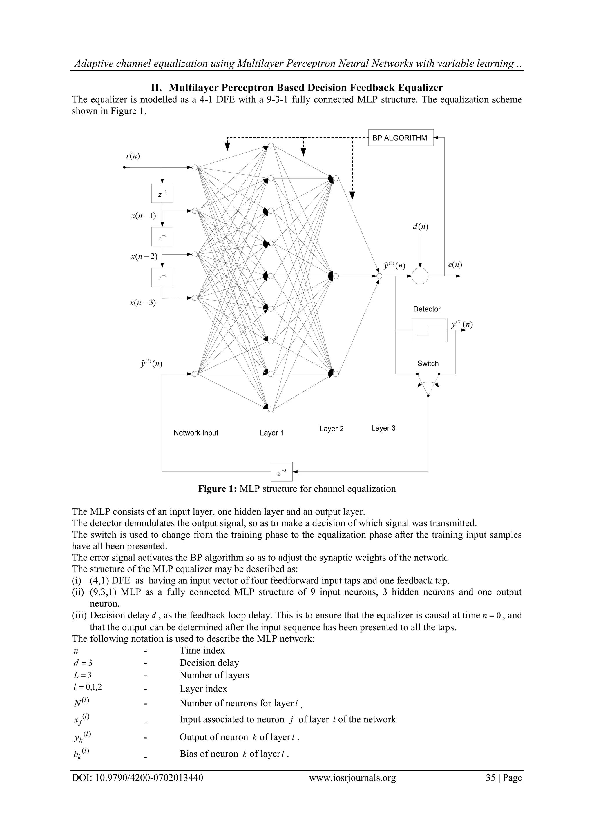 Adaptive channel equalization using Multilayer Perceptron Neural Networks with variable learning .. DOI: 10.9790/4200-0702013440 www.iosrjournals.org 35 | Page II. Multilayer Perceptron Based Decision Feedback Equalizer The equalizer is modelled as a 4-1 DFE with a 9-3-1 fully connected MLP structure. The equalization scheme shown in Figure 1. 3 z 1 z 1 z 1 z )(nx )3( nx )2( nx )1( nx )()3( ny  BP ALGORITHM )(nd )(ne )()3( ny )()3( ny  Detector Network Input Layer 1 Layer 2 Layer 3 Switch Figure 1: MLP structure for channel equalization The MLP consists of an input layer, one hidden layer and an output layer. The detector demodulates the output signal, so as to make a decision of which signal was transmitted. The switch is used to change from the training phase to the equalization phase after the training input samples have all been presented. The error signal activates the BP algorithm so as to adjust the synaptic weights of the network. The structure of the MLP equalizer may be described as: (i) (4,1) DFE as having an input vector of four feedforward input taps and one feedback tap. (ii) (9,3,1) MLP as a fully connected MLP structure of 9 input neurons, 3 hidden neurons and one output neuron. (iii) Decision delay d , as the feedback loop delay. This is to ensure that the equalizer is causal at time 0n , and that the output can be determined after the input sequence has been presented to all the taps. The following notation is used to describe the MLP network: n - Time index 3d - Decision delay 3L - Number of layers 2,1,0l - Layer index )(l N - Number of neurons for layer l . )(l jx - Input associated to neuron j of layer l of the network )(l ky - Output of neuron k of layer l . )(l kb - Bias of neuron k of layer l . 