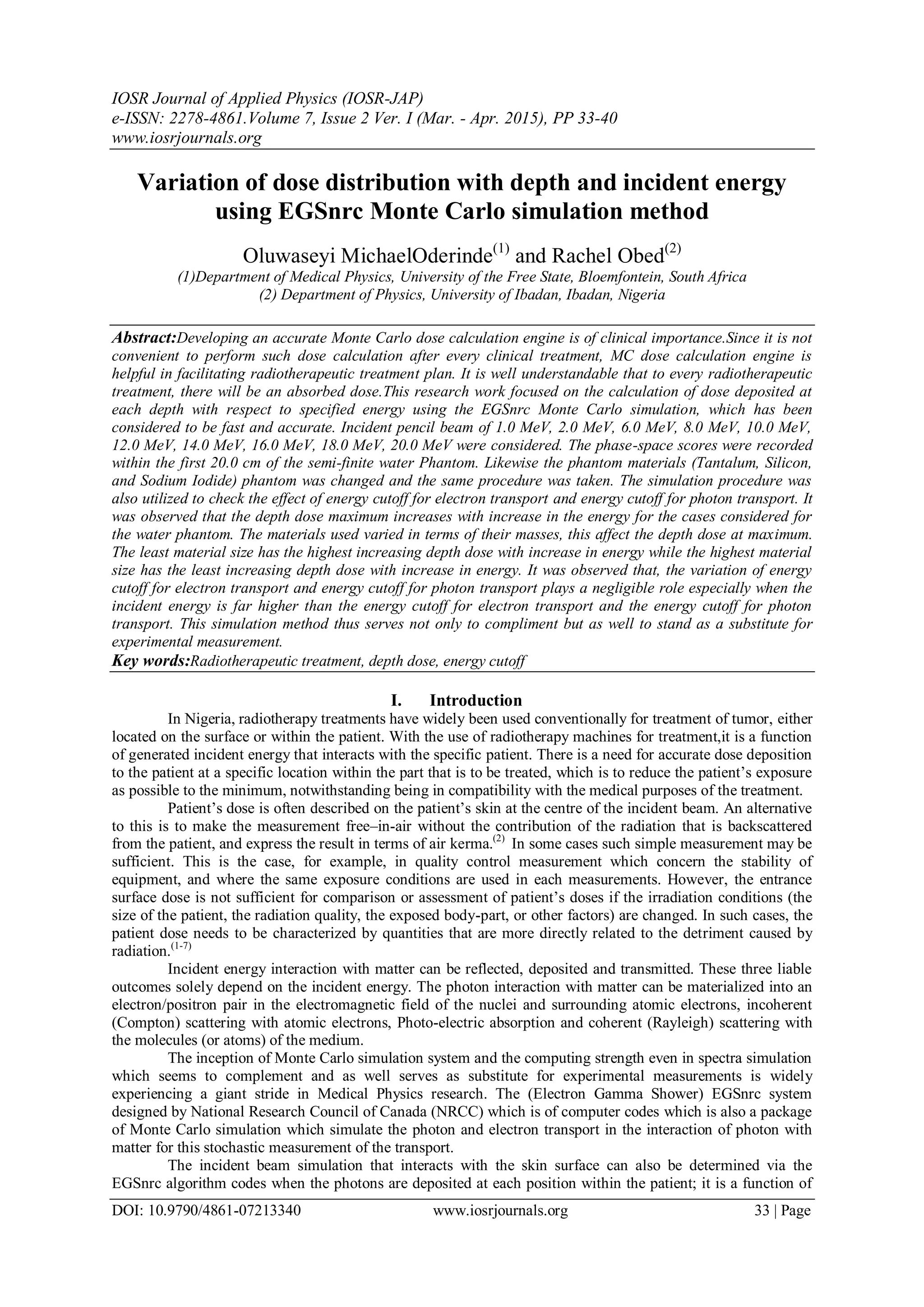 Variation of dose distribution with depth and incident energy using ...