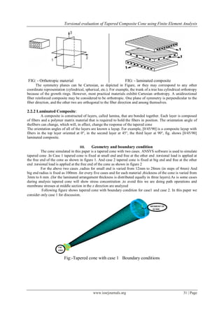 Torsional evaluation of Tapered Composite Cone using Finite Element Analysis
www.iosrjournals.org 31 | Page
FIG: - Orthotropic material FIG: - laminated composite
The symmetry planes can be Cartesian, as depicted in Figure, or they may correspond to any other
coordinate representation (cylindrical, spherical, etc.). For example, the trunk of a tree has cylindrical orthotropy
because of the growth rings. However, most practical materials exhibit Cartesian orthotropy. A unidirectional
fiber reinforced composite may be considered to be orthotropic. One plane of symmetry is perpendicular to the
fiber direction, and the other two are orthogonal to the fiber direction and among themselves.
2.2.2 Laminated Composite:
A composite is constructed of layers, called lamina, that are bonded together. Each layer is composed
of fibers and a polymer matrix material that is required to hold the fibers in position. The orientation angle of
thefibers can change, which will, in effect, change the response of the tapered cone
The orientation angles of all of the layers are known a layup. For example, [0/45/90] is a composite layup with
fibers in the top layer oriented at 0°, in the second layer at 45°, the third layer at 90°, fig. shows [0/45/90]
laminated composite.
III. Geometry and boundary condition
The cone simulated in this paper is a tapered cone with two cases. ANSYS software is used to simulate
tapered cone .In Case 1 tapered cone is fixed at small end and free at the other end .torsional load is applied at
the free end of the cone as shown in figure 1. And case 2 tapered cone is fixed at big end and free at the other
end .torsional load is applied at the free end of the cone as shown in figure 2
For the above two cases ,radius for small end is varied from 12mm to 28mm (in steps of 4mm) And
big end radius is fixed as 100mm .for every five cases and for each material ,thickness of the cone is varied from
3mm to 6 mm .(for the laminated arrangement thickness is distributed equally in three layers).As is some cases
during analysis tapered cone will show stress concentration ,to avoid this we are doing path operations and
membrane stresses at middle section in the z direction are analyzed
Following figure shows tapered cone with boundary condition for case1 and case 2. In this paper we
consider only case 1 for discussion.
Fig:-Tapered cone with case 1 Boundary conditions
 