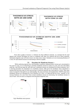 Torsional evaluation of Tapered Composite Cone using Finite Element Analysis
www.iosrjournals.org 35 | Page
From above graphs of stresses vs. thickness for three different materials ,we conclude that for steel
tapered cone stresses developed are more as compared with other two material and out of three materials,
laminated composite cone will show lowest von mises stress values. Similarly as we are increasing thickness of
a cone, for each material stresses are decreasing as shown in graphs.
VI. Procedure for Membrane Stresses :-
While analyzing tapered cone with boundary conditions explained above stresses get concentrated at
free end of a cone .so it is interesting to calculate membrane stresses at centre of a cone .For cone with 20mm
small dia. And 100 mm large dia. and with case1 membrane stresses are calculated for all three materials. Fig 5
is showing procedure for calculation of a membrane stresses. Path given for membrane stress calculation is
starting from top most node of circle and moving in clockwise direction up to last node on a circle. Then some
name is assigned to that path for our understanding. By using tool linear zed standard from ANSYS main menu
membrane stresses are calculated for every thickness of a cone. it is observed that for every material as we
increase thickness of a cone from 3mm to 6mm membrane stresses are decreasing .but membrane stresses in
case of steel cone are more as compared with laminated composite cone .
Fig5:-Membrane stress process Fig:-membrane stress at middle of cone
 