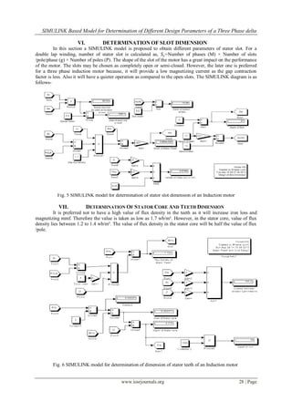 SIMULINK Based Model for Determination of Different Design Parameters of a Three Phase delta
www.iosrjournals.org 28 | Page
VI. DETERMINATION OF SLOT DIMENSION
In this section a SIMULINK model is proposed to obtain different parameters of stator slot. For a
double lap winding, number of stator slot is calculated as, 𝑆𝑠=Number of phases (M) × Number of slots
/pole/phase (g) × Number of poles (P). The shape of the slot of the motor has a great impact on the performance
of the motor. The slots may be chosen as completely open or semi-closed. However, the later one is preferred
for a three phase induction motor because, it will provide a low magnetizing current as the gap contraction
factor is less. Also it will have a quieter operation as compared to the open slots. The SIMULINK diagram is as
follows-
Fig. 5 SIMULINK model for determination of stator slot dimension of an Induction motor
VII. DETERMINATION OF STATOR CORE AND TEETH DIMENSION
It is preferred not to have a high value of flux density in the teeth as it will increase iron loss and
magnetizing mmf. Therefore the value is taken as low as 1.7 wb/m². However, in the stator core, value of flux
density lies between 1.2 to 1.4 wb/m². The value of flux density in the stator core will be half the value of flux
/pole.
Fig. 6 SIMULINK model for determination of dimension of stator teeth of an Induction motor
 