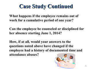 Case Study ContinuedCase Study Continued
What happens if the employee remains out of work for a cumulative period of
one year?
What happens if the employee remains out of work for a cumulative period of
one year?
Can the employee be counseled or disciplined for her absence starting June 1,
2012?
How, if at all, would your answers to the questions noted above have changed
if the employee had a history of documented time and attendance abuses?
Can the employee be counseled or disciplined for her absence starting June 1,
2012?
How, if at all, would your answers to the questions noted above have changed
if the employee had a history of documented time and attendance abuses?
What happens if the employee remains out of
work for a cumulative period of one year?
Can the employee be counseled or disciplined for
her absence starting June 1, 2014?
How, if at all, would your answers to the
questions noted above have changed if the
employee had a history of documented time and
attendance abuses?
25
 