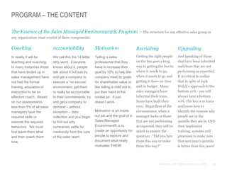 22© Anthony Cole Training Group LLC 2014
PROGRAM – THE CONTENT
Coaching
In reality it will be
teaching and coaching.
In many instances those
that have ended up in
sales management have
not had the formal
training, education or
instruction to be an
effective coach. Based
on our assessments
less than 5% of all sales
managers have the
required skills or
execute the required
behaviors. We must
first teach them what
and then coach them
how.
The Essence of the Sales Managed Environment® Program – The structure for any effective sales group in
any organization must consist of these components:
Accountability
We call this the 14 letter
dirty word. Everyone
knows about it, people
talk about it but just try
and get a company to
execute a “no excuse’
environment, get them
to really be accountable
to their commitments, try
and get a company to
demand – without
exception – data
collection and you begin
to find out why
companies settle for
mediocrity from the core
of the sales team.
Motivation
Telling a sales
professional that they
have to increase their
goal by 10% to help the
company meet its goals
for shareholder value is
like telling a child not to
put their hand in the
cookie jar. It just
doesn’t work.
Motivation is an inside
out job and the goal of a
Sales Managed
Environment® is to
create an opportunity for
people to explore and
document what really
motivates THEM!
Recruiting
Getting the right people
on the bus goes a long
way to getting the bus to
where it needs to go,
when it needs to go and
getting it there on time
and in budget. Many
sales managers have
inherited their team.
Some have built their
own. Regardless of the
circumstance, when a
manager looks at those
that are not performing
as expected, they will be
asked to answer the
question: “Did you hire
them this way or make
them this way?”
Upgrading
And speaking of those
that have been inherited
and those that are not
performing as expected.
It is critical to realize
that in spite of Jack
Welch’s approach to the
bottom 10% - you will
always have a bottom
10%. The key is to learn
and know how to
identify the reasons why
people are in the
quintile they are in AND
then implement
training, systems and
processes to make sure
that next year’s quintile
is better than this years!
 