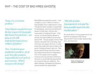8© Anthony Cole Training Group LLC 2014
WHY – THE COST OF BAD HIRES (GHOSTS)
“Tony, it’s a 2 comma
problem.”
“I don’t know exactly but over
the last 3 years hiring people
that haven’t worked out – are
gone or are still
underperforming cost us
millions of dollars”
“Jim, I looked at your
production numbers. 36 of
your 125 sales group is
responsible for over 90% of
your revenue. What’s
everyone else doing?”
Most B2B businesses hire people. If the
company is over 2 million in revenue –
they probably have a sales person or two.
Though the sales manager is responsible
for developing, coaching and training the
people on their team, they are also
responsible for building the team. They
cannot, nor should they be allowed to
transfer the responsibility to a recruiting
team or HR. Though people in those roles
have an important role in recruiting, they
don’t have and dogs in the hunt. In other
words they really don’t have a stake in the
game if someone doesn’t work out. They
just go about finding more of the same.
According to Brad Smart of Topgrading –
75% of the people hired to replace
someone that has just been exited have
the same or worse skill set and potential
as the person they are replacing. The
sales manager, management processes
cannot transfer the responsibility!
“The job of sales
management is to put the
best possible team into the
market place.”
No doubt about it, hiring people that do not
perform as expected costs money.
Beyond that it costs morale, opportunities,
time, and resources.
Slidedocs™ is a trademark of Duarte Press LLC. All rights reserved.
Link: 10 Statistics on
Bad Hires (Ghosts)
 