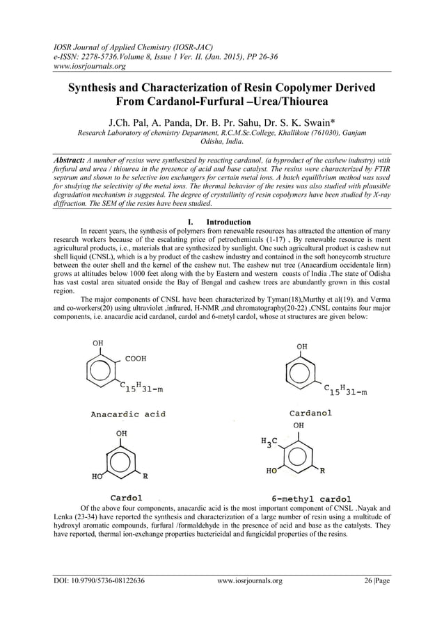 Synthesis and Characterization of Resin Copolymer Derived From Cardanol
