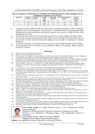 An Experimental Study of the Effect of Control Parameters on the Surface Roughness in Turning
www.iosrjournals.org 37 | Page
Table 2.6: Results for Confirmation Test Trial Runs of Turning Operation for Surface Roughness for the
Combination of Optimal Levels of Factors
Specimen Depth of
Cut (mm)
Feed Rate
(mm/rev)
Spindle
Speed
(rpm)
Rake Angle
(degrees)
Pressurized Coolant
Jet(bar)
Surface
Roughness
(µm)
1 1.0 0.8 780 70
1.0 28.34.
1 1.0 0.8 780 70
1.0 28.31
1 1.0 0.8 780 70
1.0 28.29
 A parameter designs yielded the optimum condition of the controlled parameters, as well as a predictive
equation in each case and comparative study was done. A confirmation tests was then performed which
indicated that the selected parameters and predictive equation were accurate to within the limits of the
measurement instrument.
 Therefore the above results can be recommended to get the lowest surface roughness for further studies.
 In the current research work, the material used is EN353 with 0.14% carbon. The experimental work can
also be done for other materials having more hardness to see the effect of parameters on Surface
Roughness.
 In each case interactions of the different levels of the factors can be included and study can be extended.
 The experimental work and research can be extended by different tool geometry, different types of
coolants etc. as factors.
References
[1] Website: http://www.westyorkssteel.com/en353.html
[2] Website: www.kvsteel.co.uk/steel/EN353T.html
[3] Diwakar Reddy.V, Krishnaiah.G, A. Hemanth Kumar and Sushil Kumar Priya(2011), ANN Based Prediction of Surface Roughness in
Turning, International Conference on Trends in Mechanical and Industrial Engineering (ICTMIE'2011) Bangkok
[4] S.S.Mahapatra, Amar Patnaik, Prabina Ku. Patnaik (2006), Parametric Analysis and Optimization of Cutting Parameters for Turning
Operations based on Taguchi Method, Proceedings of the International Conference on Global Manufacturing and Innovation - July 27-29
[5] B. S. Raghuwanshi (2009), a course in Workshop Technology Vol.II (Machine Tools), Dhanpat Rai & Company Pvt. Ltd.
[6] Adeel H. Suhail, N. Ismail, S. V. Wong and N. A. Abdul Jalil(2010), Optimization of Cutting Parameters Based on Surface
Roughness and Assistance of Workpiece Surface Temperature in Turning Process, American J. of Engineering and Applied Sciences 3
(1): 102-108.
[7] C. A. van Luttervelt, T. H. C. Childs (1998), Present situation and future trends in modelling of machining operations, CIRP Ann.
[8] Daniel Kirby (2010), Optimizing the Turning Process toward an Ideal Surface Roughness Target.
[9] D. Philip Selvaraj, P. Chandramohan (2010), optimization of surface roughness of aisi 304 austenitic stainless steel in dry turning operation
using Taguchi design method Journal of Engineering Science and Technology,Vol. 5, no. 3 293 – 301, © school of engineering, Taylor’s
university college.
[10] E. Daniel Kirby (2006), Optimizing surface finish in a turning operation using the Taguchi parameter design method Int J Adv Manuf
Technol: 1021–1029.
[11] Guey-Jiuh Tzou, Ding-Yeng Chen (2006), Application of Taguchi method in the optimization of cutting parameters for turning operations.
Department of Mechanical Engineering, Lunghwa University of Science and Technology, Taiwan, (R.O.C.).
[12] Hari Singh (2008), Optimizing Tool Life of Carbide Inserts for Turned Parts using Taguchi’s design of Experiments Approach, Proceedings
of the International MultiConference of Engineers and Computer Scientists Vol II IMECS 2008, 19-21 March, , Hong Kong.
[13] Hasegawa. M, A. Seireg, R.A. Lindberg (1976), Surface roughness model for turning, Tribology International December 285-289.
[14] Karin Kandananond (2009), Characterization of FDB Sleeve Surface Roughness Using the Taguchi Approach, European Journal of
Scientific Research ISSN 1450-216X Vol.33 No.2 , pp.330-337 © Euro Journals Publishing, Inc.
[15] Madhav. S. Phadke (1989), Quality Engineering using Robust Design. Prentice Hall, Eaglewood Cliffs, New Jersey.
[16] Puertas. I. Arbizu, C.J. Luis Prez (2003), Surface roughness prediction by factorial design of experiments in turning processes, Journal of
Materials Processing Technology, 143- 144 390-396
[17] Palanikumar, L. Karunamoorthy, R. Krathikeyan (2006), Assessment of factors influencing surface roughness on the machining of glass –
reinforced polymer composites, Journal of Materials and Design.
[18] Sundaram. R.M., B.K. Lambert (1981), Mathematical models to predict surface finish in fine turning of steel, Part II, International Journal of
Production Research.
[19] S. Thamizhmanii, S. Saparudin, S. Hasan (2006), Analyses of roughness, forces and wear in turning gray cast iron, Journal of achievement in
Materials and Manufacturing Engineering, 17,.
[20] S. Thamizhmanii, S. Saparudin, S. Hasan (2006), Analyses of surface roughness by turning process using Taguchi method, journal of
Achievements in Materials and Manufacturing Engineering. Received 03.11.2006; accepted in revised form 15.11.2006.
[21] Philip j. Ross (2005), Taguchi Techniques for Quality Engineering, Tata McGraw-Hill Publishing Company Ltd.
First Author Profile: Er. Joseph Emmanuel having 1 year of teaching and research
experience and has
Published 1 International Journal. Presently Er. Emmanuel is teaching as an Assistant
Professor in the Department of Mechanical Engg. in Sam Higginbottom Institute of
Agriculture,
Technology & Sciences –Deemed University, Allahabad
Degree: M.Tech Industrial Engineering & Management
Institute: Sam Higginbottom Institute of Agriculture, Technology & Sciences
 
