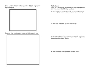 Draw a picture that shows how your idea of God’s anger and
love fit together.
Describe what you drew and explain what it means to you:
Reflections:
Think for a few minutes about what you have been learning
and then answer the following questions:
1. How might you view God’s wrath, or anger, differently?
2. How does that relate to God’s love for us?
3. What does it mean to you knowing that God’s anger was
satisfied through Jesus’ death?
4. How might that change the way you see God?
 