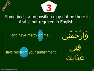 Sometimes, a preposition may not be there in Arabic but required in English.   3 قِنِي   عَذَابَكَ save me from your punishment وَارْحَمْنِي and have mercy on me  