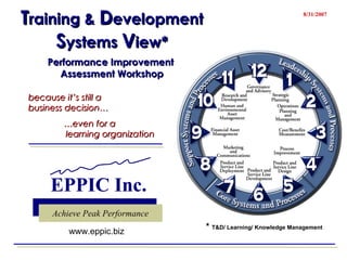 T raining &  D evelopment  S ystems  V iew* Performance Improvement  Assessment Workshop because it’s still a  business decision… … even for a  learning organization 8/31/2007 *  T&D/ Learning/ Knowledge Management www.eppic.biz 