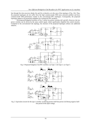 New Efficient Bridgeless Cuk Rectifiers for PFC Application on d.c machine
line through the slow-recovery diodes Dp and Dn or directly as in the case of the topology of Fig. 1(b). Thus,
the proposed topologies do not suffer from the high common-mode EMI noise emission problem and have
common-mode EMI performance similar to the conventional PFC topologies. Consequently, the proposed
topologies appear to be promising candidates for commercial PFC products.
The proposed bridgeless rectifiers of Fig. 2 utilize two power switches (Q1 and Q2). However, the two
power switches can be driven by the same control signal, which significantly simplifies the control circuitry.
Compared to the conventional Cuk topology, the structure of the proposed topologies utilizes one additional
inductor,

Fig.1. Proposed bridgeless Cuk PFC rectifiers. (a) Type 1. (b) Type 2. (c) Type 3.

Fig. 2. Equivalent circuits for the type-1 rectifier. (a) During positive half-line period. (b) During negative halfline period of the input voltage.

16

 