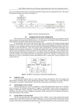 Video Object Detection and Tracking using kalman filter and color histogram-based…
pose a novel approach which ensures an efficient and robust tracking with less computational load. The steps in
the proposed mechanism are shown in the Figure 2.1.

Fig.3.2: Proposed tracking Mechanism

IV.

WORKFLOW OF OUR APPROACH

The key action of our tracking algorithm is to associate every Kalman tracker to its respective moving
object coming from moving object extraction process. For this purpose, an intelligent CWHI based algorithm is
proposed that assists Kalman tracker during each confusion states.
In this approach, each tracker and moving object pair is associated with manager-oriented logical
framework which verifies the status of each moving object during tracking using conventional feature-based
technique (i.e. area, boundary and center of gravity) and with the proposed CWHI-based technique. Each moving object can have the following status. For example, isNew, isReachAtEnd, is Occluded/ is Occluder, and is
Reappear with two integrity constraints (i.e. is Overlap and is Split). The “manager” as a logical controller manages the entire tracking process and assists trackers (i.e., Kalman filter). More precisely, it assists Kalman tracker during tracking even if nonlinear conditions (i.e., inter-object occlusion and separation) occurred. Fig.4.1 illustrates the workflow of the logical-framework of the proposed research. The “manager” is responsible for handling the two cases (i.e. inter-object occlusion and separation) with a “normal case” when no confusion is observed. These are:

Fig.4.1: Workflow of our project is showing the implementation
4.1

NORMAL CASE
In the most ideal situation, there is no inter- object occlusion and separation. This is the simplest and
ideal scenario in tracking, where a newly detected moving object “isNew” is assigned a new tracker. When the
moving object is reached at “isReachAtEnd”, then both the moving object and the tracker is removed.
4.2

INTER-OBJECT OCCLUSION
When moving object (i.e. cars) are overlapped (i.e. temporarily behind another object), the “is Overlap”
state is activated. The occluded moving object is tagged as “is occluded” whereas carrier moving object is
tagged as “isOccluder”. When “is Overlap” is observed, the multiple trackers refer a group of overlapped moving objects. Thus, for each of the overlapped moving object, tracker associated with it is updated with the parameter measurements of the occluder.
4.3

INTER-OBJECT SEPARATION
The last case represents inter- object separation where “isSplit” is active. After separation the normal
tracking starts as described in normal case. Ideally, trackers (i.e. one for each separated moving object) should
be able to follow their corresponding moving object.Our CWHI based algorithm is used to associate the respec-

35

 