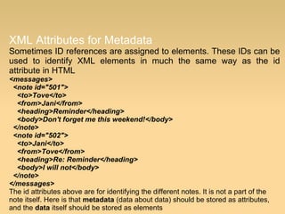 XML Attributes for Metadata
Sometimes ID references are assigned to elements. These IDs can be
used to identify XML elements in much the same way as the id
attribute in HTML
<messages>
  <note id="501">
    <to>Tove</to>
    <from>Jani</from>
    <heading>Reminder</heading>
    <body>Don't forget me this weekend!</body>
  </note>
  <note id="502">
    <to>Jani</to>
    <from>Tove</from>
    <heading>Re: Reminder</heading>
    <body>I will not</body>
  </note>
</messages>
The id attributes above are for identifying the different notes. It is not a part of the
note itself. Here is that metadata (data about data) should be stored as attributes,
and the data itself should be stored as elements
 