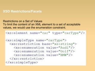 XSD Restrictions/Facets
Restrictions on a Set of Values
To limit the content of an XML element to a set of acceptable
values, we would use the enumeration constraint.
 