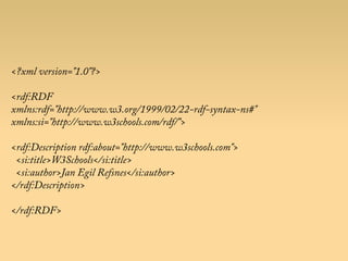 <?xml version="1.0"?>
<rdf:RDF
xmlns:rdf="http://www.w3.org/1999/02/22-rdf-syntax-ns#"
xmlns:si="http://www.w3schools.com/rdf/">
<rdf:Description rdf:about="http://www.w3schools.com">
<si:title>W3Schools</si:title>
<si:author>Jan Egil Refsnes</si:author>
</rdf:Description>
</rdf:RDF>
 