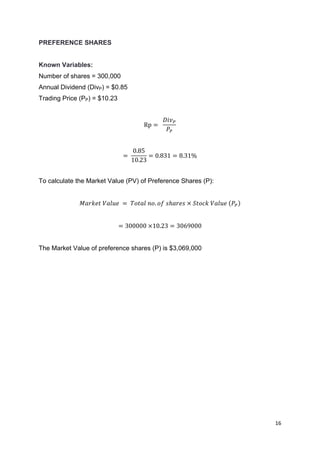 16	
	
PREFERENCE SHARES
Known Variables:
Number of shares = 300,000
Annual Dividend (DivP) = $0.85
Trading Price (PP) = $10.23
Rp =		
𝐷𝑖𝑣„
𝑃„
=	
0.85
10.23
= 0.831 = 8.31%
To calculate the Market Value (PV) of Preference Shares (P):
𝑀𝑎𝑟𝑘𝑒𝑡	𝑉𝑎𝑙𝑢𝑒	 = 	𝑇𝑜𝑡𝑎𝑙	𝑛𝑜. 𝑜𝑓	𝑠ℎ𝑎𝑟𝑒𝑠	×	𝑆𝑡𝑜𝑐𝑘	𝑉𝑎𝑙𝑢𝑒	 𝑃„
= 300000	×10.23 = 3069000
The Market Value of preference shares (P) is $3,069,000
 