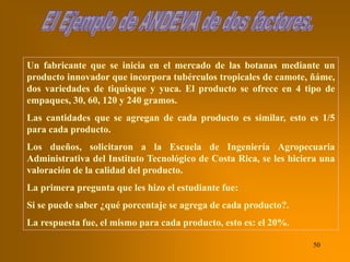 50
Un fabricante que se inicia en el mercado de las botanas mediante un
producto innovador que incorpora tubérculos tropicales de camote, ñáme,
dos variedades de tiquisque y yuca. El producto se ofrece en 4 tipo de
empaques, 30, 60, 120 y 240 gramos.
Las cantidades que se agregan de cada producto es similar, esto es 1/5
para cada producto.
Los dueños, solicitaron a la Escuela de Ingeniería Agropecuaria
Administrativa del Instituto Tecnológico de Costa Rica, se les hiciera una
valoración de la calidad del producto.
La primera pregunta que les hizo el estudiante fue:
Si se puede saber ¿qué porcentaje se agrega de cada producto?.
La respuesta fue, el mismo para cada producto, esto es: el 20%.
 