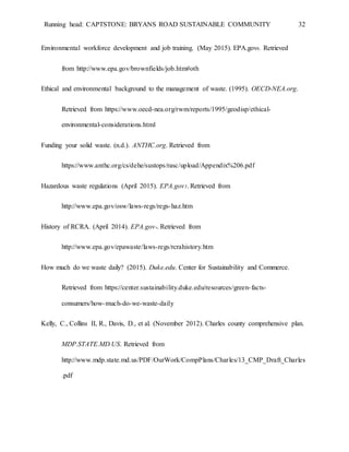 Running head: CAPTSTONE: BRYANS ROAD SUSTAINABLE COMMUNITY 32
Environmental workforce development and job training. (May 2015). EPA.gov6. Retrieved
from http://www.epa.gov/brownfields/job.htm#oth
Ethical and environmental background to the management of waste. (1995). OECD-NEA.org.
Retrieved from https://www.oecd-nea.org/rwm/reports/1995/geodisp/ethical-
environmental-considerations.html
Funding your solid waste. (n.d.). ANTHC.org. Retrieved from
https://www.anthc.org/cs/dehe/sustops/rasc/upload/Appendix%206.pdf
Hazardous waste regulations (April 2015). EPA.gov5. Retrieved from
http://www.epa.gov/osw/laws-regs/regs-haz.htm
History of RCRA. (April 2014). EPA.gov4. Retrieved from
http://www.epa.gov/epawaste/laws-regs/rcrahistory.htm
How much do we waste daily? (2015). Duke.edu. Center for Sustainability and Commerce.
Retrieved from https://center.sustainability.duke.edu/resources/green-facts-
consumers/how-much-do-we-waste-daily
Kelly, C., Collins II, R., Davis, D., et al. (November 2012). Charles county comprehensive plan.
MDP.STATE.MD.US. Retrieved from
http://www.mdp.state.md.us/PDF/OurWork/CompPlans/Charles/13_CMP_Draft_Charles
.pdf
 