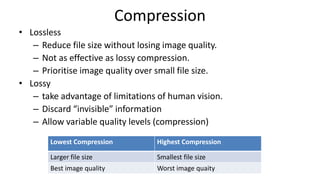 Compression
• Lossless
– Reduce file size without losing image quality.
– Not as effective as lossy compression.
– Prioritise image quality over small file size.
• Lossy
– take advantage of limitations of human vision.
– Discard “invisible” information
– Allow variable quality levels (compression)
Lowest Compression Highest Compression
Larger file size Smallest file size
Best image quality Worst image quaity
 