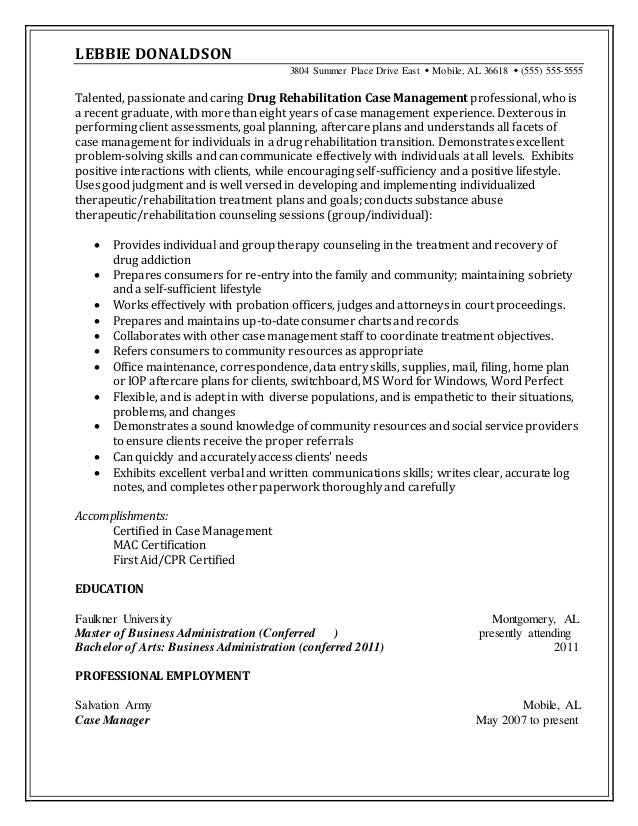 resume sample drug rehabilitation case manager resume for case manager