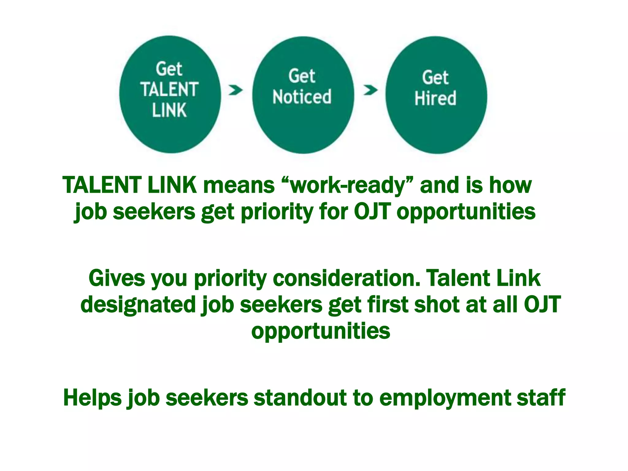 TALENT LINK means “work-ready” and is how
job seekers get priority for OJT opportunities
Gives you priority consideration. Talent Link
designated job seekers get first shot at all OJT
opportunities
Helps job seekers standout to employment staff
 