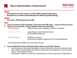 Step 5 Implementation of Improvement
WHAT
• Development of an RPL Version 10 Scale FMEA Template & Definitions
• Development of a Residual Risk Management (Monitoring) Methodology
WHEN
• From 2010 - FMEA Requirement at NMI
WHY
1. Improve Production RFT & IQ Rates, particularly after NMI stage – “Achieve Vertical Launch”
2. Improve the current RPL 5 Scale Template which has weaknesses:
Severity Rating: Difficult to measure the “Degree of Severity” of a Defect
Occurrence Rating: Large Ranges (“Gaps”) between Ranks
No Probability Statements
Detection Rating: Definitions are Vague
No Distinction between Subjective & Error Proofing Methods
No Requirement for FMEA to be conducted in Groups
3. Improve Method & Control of Residual Risks which are still High / Medium
• Little Emphasis on Monitoring High/Medium Residual Risks that cannot be Reduced Further
• High / Medium Residual Risks are difficult to reduce with Low Investment or Low Production
Volume / Gross Margin Products
• Technology Limitation can mean some Residual Risk cannot be reduced from High/Medium
 