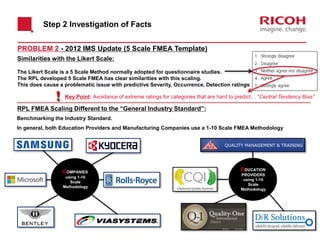 Step 2 Investigation of Facts
Similarities with the Likert Scale:
The Likert Scale is a 5 Scale Method normally adopted for questionnaire studies.
The RPL developed 5 Scale FMEA has clear similarities with this scaling.
This does cause a problematic issue with predictive Severity, Occurrence, Detection ratings
Key Point: Avoidance of extreme ratings for categories that are hard to predict… “Central Tendency Bias”
RPL FMEA Scaling Different to the “General Industry Standard”:
PROBLEM 2 - 2012 IMS Update (5 Scale FMEA Template)
COMPANIES
using 1-10
Scale
Methodology
EDUCATION
PROVIDERS
using 1-10
Scale
Methodology
Benchmarking the Industry Standard.
In general, both Education Providers and Manufacturing Companies use a 1-10 Scale FMEA Methodology
 