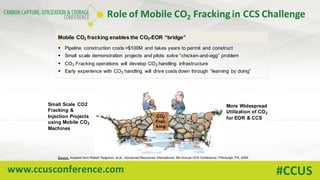 www.ccusconference.com #CCUS
Role	of	Mobile	CO2 Fracking	in	CCS	Challenge
Small Scale CO2
Fracking &
Injection Projects
using Mobile CO2
Machines
More Widespread
Utilization of CO2
for EOR & CCSCO2
Frac
king
§ Pipeline construction costs >$100M and takes years to permit and construct
§ Small scale demonstration projects and pilots solve “chicken-and-egg” problem
§ CO2 Fracking operations will develop CO2 handling infrastructure
§ Early experience with CO2 handling will drive costs down through “learning by doing”
Mobile CO2 fracking enables the CO2-EOR “bridge”
Source: Adapted from Robert Ferguson, et al., Advanced Resources International, 8th Annual CCS Conference, Pittsburgh, PA, 2009.
 