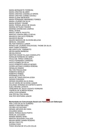 MARIA BERNADETE FERREIRA
MARIA CRISTINA BLUMER
MARIA CRISTINA CHIARIELLO SPERA
MARIA CRISTINA CORREA SAVIOLI
MARIA ELIANA MEDEIROS
MARIA FERNANDA ABRAMIDES TORRES
MARIA LOURDES DA SILVA
MARIA NORIKO YAKABE
MARIA TERESA JESUS DE SOUZA
MARINA SETSUKO TAKIISHI
MARINES APARECIDA CAMPOS
MARLI ZIVIERI
MARTA JANETE PAGOTTO
MARTHA YUNUEN ABELLO ROVAI
MAURICIO GALLACCI PEREIRA
MAURICIO MILANI
MAURO MARCOS DE OLIVEIRA BELLESA
MERCIOL VISCARDI
MILTON PANHOCA JUNIOR
MONICA DE LOURDES WALDVOGEL THOME DA SILVA
NAIR YUMIKO KOBASHI
NELSON PUJOL YAMAMOTO
NEUSA MARIA BARBOSA
NEUSA ROCHA
NEWTON CESAR VILLAÇA CASSIOLATO
NORALMI FERREIRA DE ABREU
PAULO DE TARSO VANNUCHI
PAULO FERNANDO CARNEIRO
PAULO GOMES DA SILVA
PAULO ROBERTO ARAUJO MOSER
PEDRO ANTONIO CORREA PEREIRA
REINALDO RAMOS
RELTON FRACALOSSI
ROBERTO BARALDI
ROBERTO RAMOS
ROSANGELA PETTA
SAVIO DE TARSO ROCHA LESSA
SERGIO POROGER
SERGIO RICARDO SILVA ROSA
SILVIO VIEIRA DE OLIVEIRA JUNIOR
SOLANGE VERGINIA DO ESPIRITO SANTO
SUELI REGINA LAFRATA
TEREZINHA DE JESUS VICENTE FERREIRA
THEREZA DE ALMEIDA PENHA
VERA LUCIA NONAKA
WALTER SALTON VIEIRA
WALTER VENTURINI JUNIOR
1981
Bacharelado em Comunicação Social com Habilitação em Editoração
ANA LUIZA DA SILVA GUIMARO
ANGELA CRISTINA PAES
CELINA LUCI KOCHEN
DENISE AZEVEDO DE FARIA
EDUARDO ARAIA
MARIA TERESA BUCO PORTO
MARILDA JUCIUNSKI
MARINA MARIKO NIHEI
MARTHA SEQUEIRA LHULLIER
MAURA MARIA VIANNA ROSEIRO
NEUSA YOKO ITO
SUZANA CHAO
THAIS HELENA DE SYLLOS COLUS
 