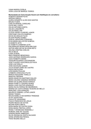 VANIA MARISA CIORLIA
VERA LUCIA DE BARROS TORRES
Bacharelado em Comunicação Social com Habilitação em Jornalismo
ALBERTO GASPAR FILHO
ANTERO GRECO
AUREA DONIZETE ALVES DOS SANTOS
BRUNO FUSER
CARLOS MANOEL CAROLINO
CATIA NIEL CURTO
CELSO ANTUNES HORTA
CELSO LUNGARETTI
CELSO MAIELLARI
CLOVIS VIEIRA LOUREIRO JUNIOR
CRISTIANE COLLICH SAMPAIO
DAVID DE ARAUJO FILHO
DILSON PEDRO GOMES
DURVAL MONTEIRO CORDEIRO
ELDA MARIA MULLER DE ALMEIDA
ELISABETE UETA
ELYSABETH CARMONA LEITE
ENCARNAÇÃO BONACHERA MELGAR
HEITOR AMILCAR DA SILVEIRA NETO
HELENA CRISTINA COELHO
HELIO BELIK
ILANA SCHERL
INES PINHEIRO MENDONÇA
JOAO ANTONIO RODRIGUES GARCIA
JOAO ROBERTO MORIS
JOAQUIM EDUARDO CASTANHEIRA
JOSE CLAUDIO VASCONCELOS PAIVA
JOSE LUIZ GRILLO
JOSE OCCHIUSO JUNIOR
JULIO CESAR LEMES DE CASTRO
KAZUE MATSUOKA
LEDA MAIRA PAULANI
LENBERG CRISCUOLO FILHO
MARCIA NOGUEIRA TONELLO
MARCOS FREDIANI
MARIA ANGELICA MARTINEZ SOLLER
MARIA CELENE CAMARGO MORENO
MARIA DA GLORIA DIOGO SARAIVA
MARIA GORETTI TENORIO NUNES
MARIA LUIZA PASTOR GONZALEZ
MARIA SILVIA FERRAZ DE NEGREIROS
MARINA DA COSTA MANSO TEIXEIRA DE MELLO
MARLENE LUZIA DONAÇÃO
MAURICIO GABRIEL LOTAR JUNIOR
MISAKI TANAKA
NEUSA RABELLO DE BARROS TRINDADE
OLGA TIZUKO KAN
PAULETTE SIEKIERSKI
PAULO FRANCISCO DE JESUS
PEDRO MEDICI DE ESTON
REGINA KEIKO OBATA
ROSA MARIA DE CASTRO ROSA
ROSA MARIA FREITAS LOPES
ROSELY APARECIDA ROMANELLI
RUBENS JOSE DE TOLEDO
SANDRA MARIA AMBROSIO
SILVIA REGINA DA COSTA SALGADO
SONIA APARECIDA PENSAL
THAIS REGINA AIELLO
 