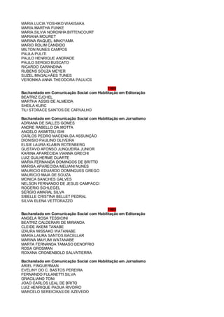 MARIA LUCIA YOSHIKO WAKISAKA
MARIA MARTHA FUNKE
MARIA SILVIA NORONHA BITTENCOURT
MARIANA MOURET
MARINA RAQUEL MAKIYAMA
MARIO ROLIM CANDIDO
MILTON NUNES CAMPOS
PAULA PULITI
PAULO HENRIQUE ANDRADE
PAULO SERGIO BUSCATO
RICARDO CARANDINA
RUBENS SOUZA MEYER
SUZEL MAGALHÃES TUNES
VERONIKA ANNA THEODORA PAULICS
1988
Bacharelado em Comunicação Social com Habilitação em Editoração
BEATRIZ EJCHEL
MARTHA ASSIS DE ALMEIDA
SHEILA KURC
TILI STORACE SANTOS DE CARVALHO
Bacharelado em Comunicação Social com Habilitação em Jornalismo
ADRIANA DE SALLES GOMES
ANDRE RABELLO DA MOTTA
ANGELO AKIMITSU ISHI
CARLOS PEDRO MACENA DA ASSUNÇÃO
DIONISIO PAULINO OLIVEIRA
ELSIE LAURA KLABIN ROTENBERG
GUSTAVO AFONSO JUNQUEIRA JUNIOR
KARINA APARECIDA VIANNA GRECHI
LUIZ GUILHERME DUARTE
MARIA FERNANDA DOMINGOS DE BRITTO
MARISA APARECIDA MELIANI NUNES
MAURICIO EDUARDO DOMINGUES GREGO
MAURICIO MAIA DE SOUZA
MONICA SANCHES GALVES
NELSON FERNANDO DE JESUS CAMPACCI
ROGERIO SCHLEGEL
SERGIO AMARAL SILVA
SIBELLE CRISTINA BELLET PEDRAL
SILVIA ELENA VETTORAZZO
1989
Bacharelado em Comunicação Social com Habilitação em Editoração
ANGELA ROSA TESSICINI
BEATRIZ CALDERARI DE MIRANDA
CLEIDE AKEMI TANABE
IZAURA MISSAKO WATANABE
MARIA LAURA SANTOS BACELLAR
MARINA MAYUMI WATANABE
MARTA FERNANDA TAMASO DENOFRIO
ROSA GROSMAN
ROXANA CRONENBOLD SALVATIERRA
Bacharelado em Comunicação Social com Habilitação em Jornalismo
ARIEL FINGUERMAN
EVELINY DO C. BASTOS PEREIRA
FERNANDO FULANETTI SILVA
GRACILIANO TONI
JOAO CARLOS LEAL DE BRITO
LUIZ HENRIQUE PADUA RIVOIRO
MARCELO SEREICIKAS DE AZEVEDO
 