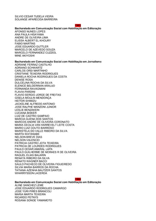 SILVIO CESAR TUDELA VIEIRA
SOLANGE APARECIDA BARREIRA
1993
Bacharelado em Comunicação Social com Habilitação em Editoração
AFONSO NUNES LOPES
ANA PAULA HISAYAMA
ANDRE DE OLIVEIRA LIMA
ELISSA ALBERT EL KHOURY
FABIO MARTINS
JOSE EDUARDO GUTTLER
MARCELO DE AZEVEDO SOUZA
MARCELO FERNANDEZ CUZZIOL
MINE AKIYOSHI
Bacharelado em Comunicação Social com Habilitação em Jornalismo
ADRIANE FERRAZ CASTILHO
ADRIANO SCHWARTZ
CARLOS ORSI MARTINHO
CRISTIANE TEIXEIRA RODRIGUES
DANIELA ROCHA RODRIGUES DA COSTA
DENISE ROSA
DULCELINA ROCHA DA SILVA
ELENICE BELDERRAIN ARAUJO
FERNANDA RAVAGNANI
FLAVIA PARDINI
FLAVIO SERGIO JORGE DE FREITAS
GISELA MOULIN MENDONÇA
HEITOR SHIMIZU
JACKELINE ALFREDO ANTONIO
JOSE RALPHE MANZONI JUNIOR
LESLIE BENZAKEIN
LUCIANA BISKER
LUIZ DE CASTRO SAMPAIO
MARCIA GUENA DOS SANTOS
MARCOS ANDRE DE OLIVEIRA CORONATO
MARIA CECILIA VAN HARREVELT LEITE COSTA
MARIO LUIZ COUTO BARROSO
MARISTELA DO VALLE RIBEIRO DA SILVA
MARTA WATANABE
NELSON BREVE DIAS
NELSON VALENCIO
PATRICIA CASTRO JOTA TEIXEIRA
PATRICIA DE LOURDES RODRIGUES
PAULO CESAR AMARAL LAPA
PAULO GUILHERME DE MORAES R DE OLIVEIRA
RAQUEL ELIAS BALARIN
RENATA RIBEIRO DA SILVA
RENATO WAGNER BACCI
SAULO PACHECO DE OLIVEIRA FIGUEIREDO
SILVIA MARIA BARROS DA ROCHA
TATIANA AZENHA BAUTZER SANTOS
WHARRYSSON LACERDA
1994
Bacharelado em Comunicação Social com Habilitação em Editoração
ALINE SANCHEZ LEME
JOSE EDUARDO RODRIGUES CAMARGO
JOSE YURI PIRES BRANCOLI
MARIA MARTA TEIXEIRA
RICARDO PETNYS
ROSANA SONOE YAMAMOTO
 
